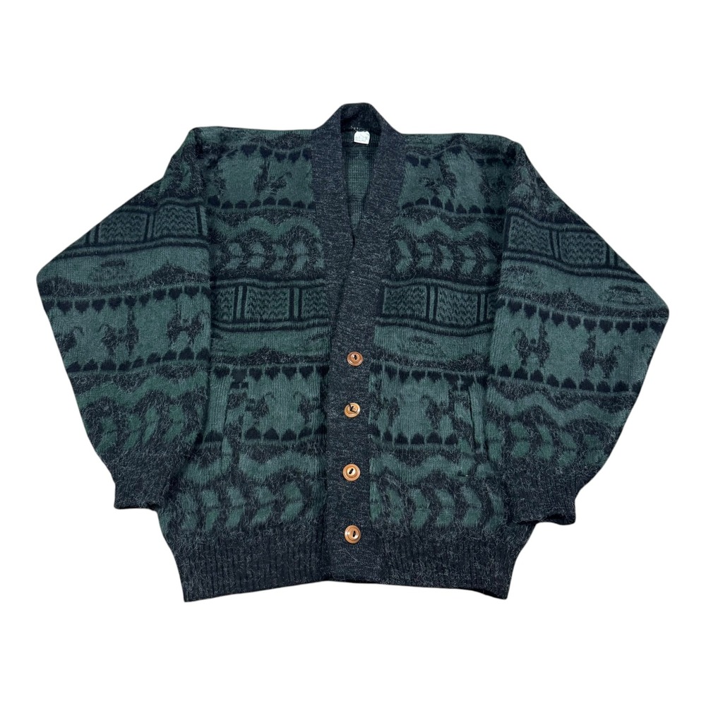 Andes Geometric Patterned Green/Black Alpaca Wool Cardigan Men's Large